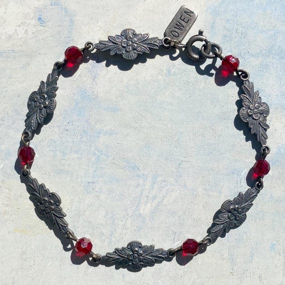Red Austrian Crystal Bracelet: Floral Filigree Antiqued Silver-Dipped