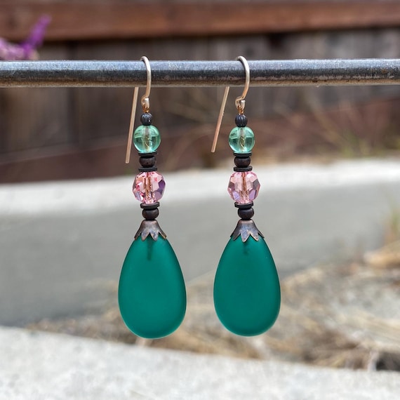 Frosted Teal Glass Drop Earrings: Pink Crystal, Bronze, Sterling Silver