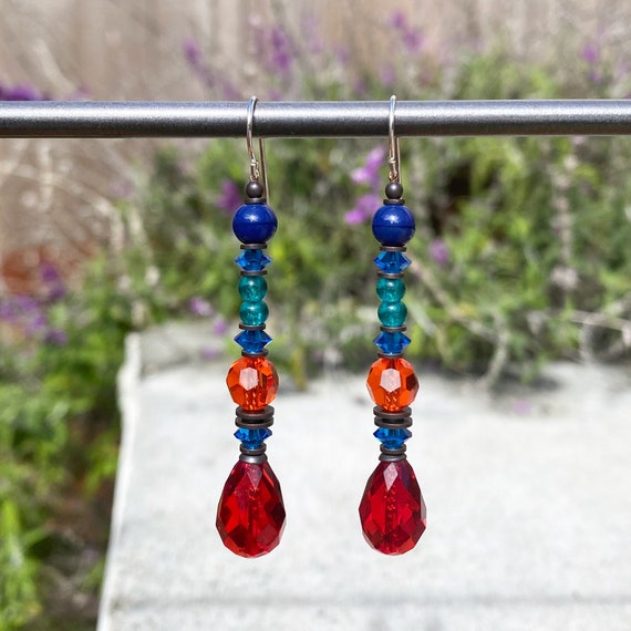 Red Austrian Crystal Earrings, Rare Crystal in Red, Turquoise and Bright Orange, Czech Glass in Cobalt and Teal, Bronze Accents, "Splash 1"