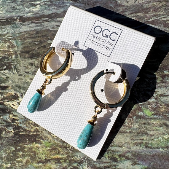 24 Karat Gold Filled Huggies Earrings, Vintage Turquoise Glass, Handmade Earrings