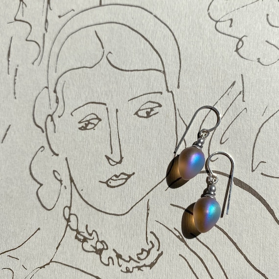 Frosted Smoke Topaz Earrings, Pale Taupe German Glass with Aurora Borealis Sheen, Iridescent Earrings, Dainty Drops, Style "Mini Berries 9"