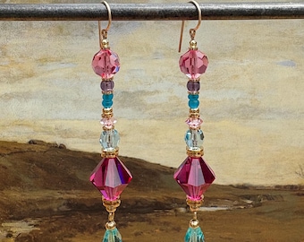 Fuchsia Crystal Dangle Earrings, Czech Glass, 14k Gold-Plate, USA Made