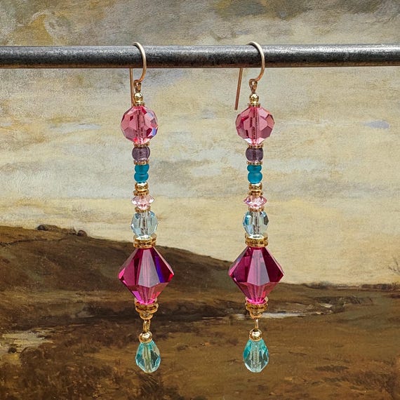 Pink Crystal Dangle Earrings; Aqua and Pink Czech Glass, Austrian Crystal, Gold
