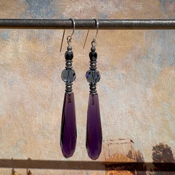 Amethyst Chandelier Earrings; Vintage Glass, Art Deco, Czech & German Glass, Crystal, Silver