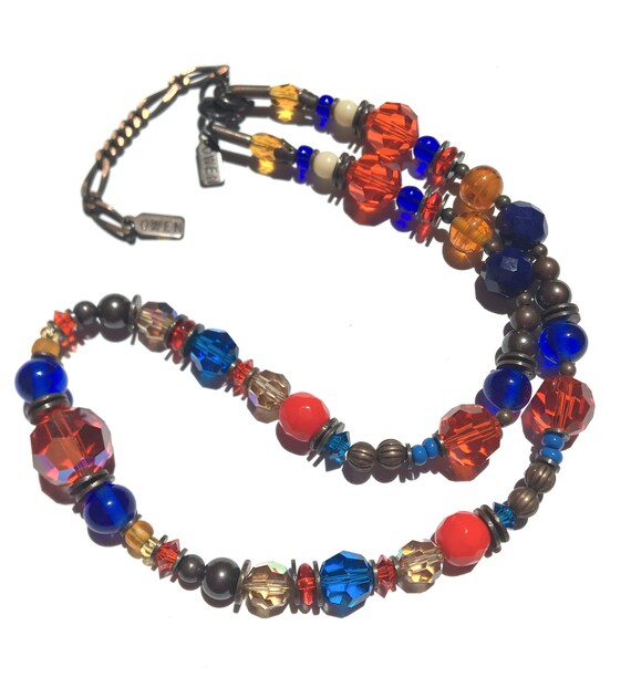 16 Inch Crystal and Glass Necklace, Cobalt and Bright Topaz, Austrian Crystal, Antique Czech Glass, Art Deco, Antiqued Bronze, "Hot Halos"