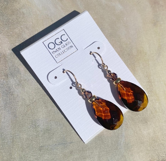 Dark Topaz Glass and Crystal Gold Earrings: High Street 39