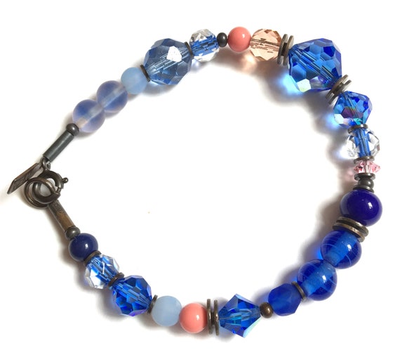 Cobalt and Sapphire Bracelet, Light Sapphire Austrian Crystal and Czech Glass with Pale Pink & Peach Glass with Bronze Accents, "Sky Patrol"