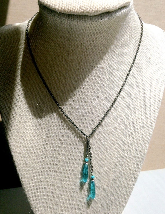 15 Inch Lariat Necklace, Antique Czech Glass Prisms, Turquoise Glass, 1920's Art Deco Chandelier Drops, Silver Ox Chain, "Waves 18"