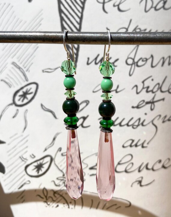 Pink Chandelier Earrings, Peridot Czech Glass and Austrian Crystal, German Glass Drops, Bronze Accents, Vintage Glass, "Style 343"