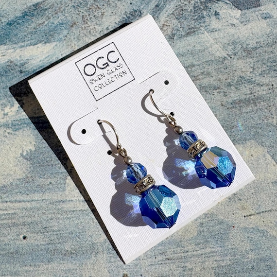 Iridescent Sapphire Austrian Crystal Earrings; Czech Glass Top Beads, Silver, Rhinestones
