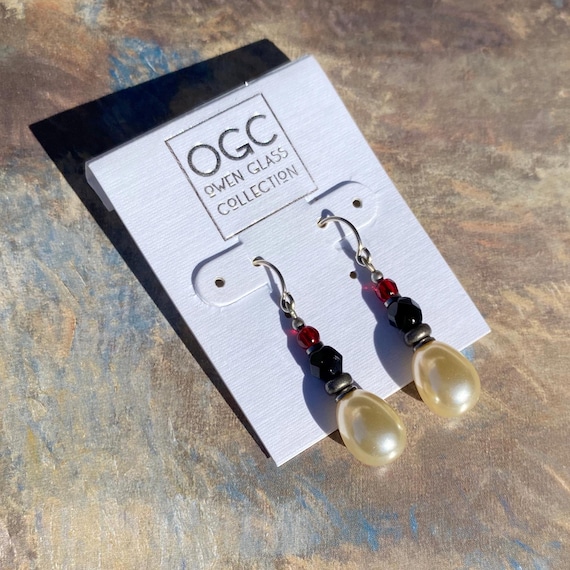 Pearl Drop Earrings: Red & Black Czech Glass, Sterling Silver