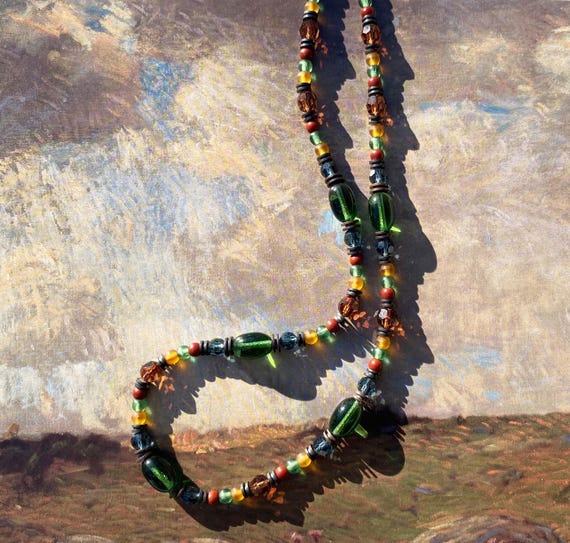 Green Glass Beaded Necklace: Austrian Crystal, Bronze, 16 Inch