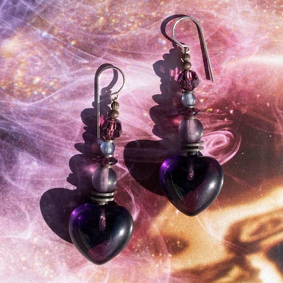 Purple Heart Earrings, Amethyst and Indigo Czech Glass, Amethyst German Glass and Austrian Crystal, Art Deco, Rare Glass, Style 402