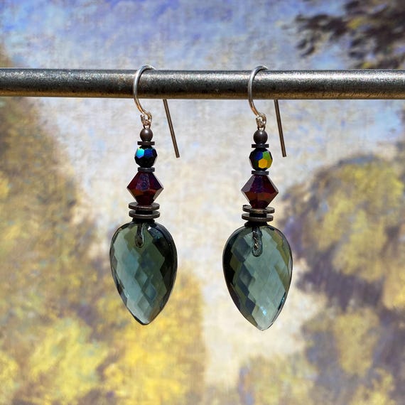 Indigo Blue German Glass Drop Earrings: Austrian Crystal, Bronze Trim