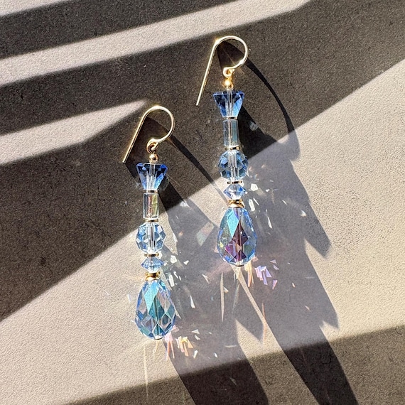 Light Blue Sapphire Crystal Earrings, Gold Trim, 14k Gold-Filled Wires