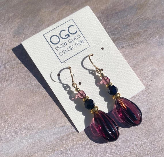 Amethyst Glass Drop Earrings: Gold-Filled, Jet Austrian Crystal