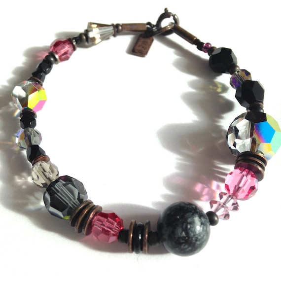 Crystal Bracelet, Czech Glass and Austrian Crystal, Jet, Rose, Gray Glass and Jet Jasper, Antiqued Bronze Accents, Art Deco, "Counterforce"