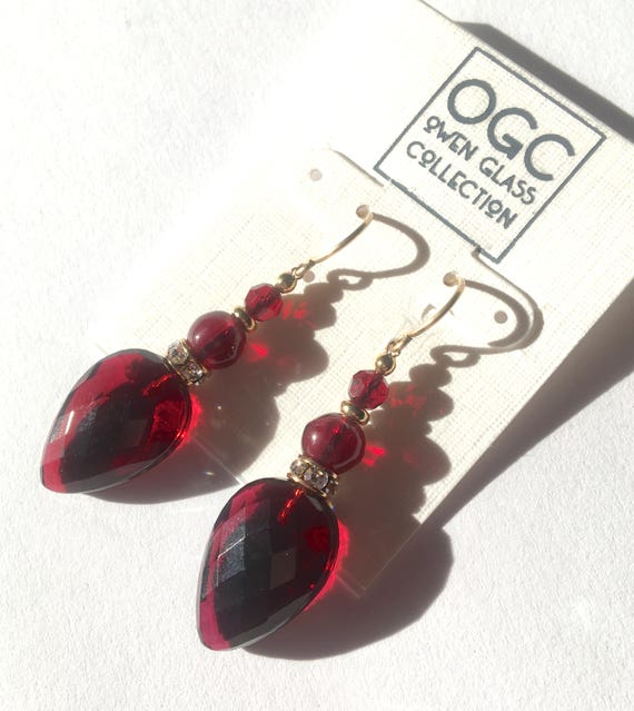 Burgundy Red Glass Earrings, Czechoslovakian Glass Top Beads, Gold Accents, Art Deco Earrings, Rhinestones,  Red Earrings,  "Cruise 1"