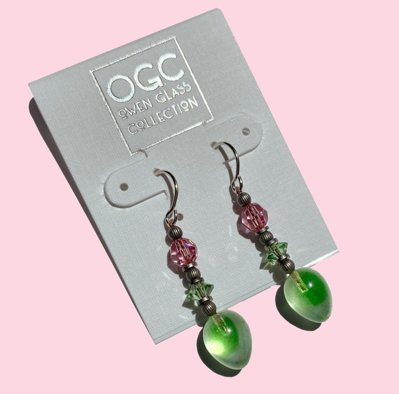 Pink and Green Earrings, Two tone peridot and clear glass drops, Pink and Peridot Austrian Crystal Accents, Silver Wires, "Watercolors 31"