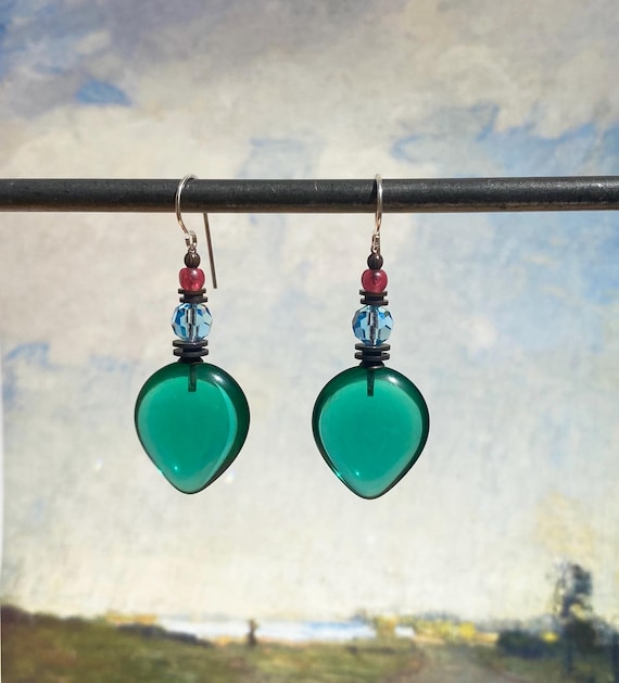 Teal Earrings, Green Glass Earrings with Aquamarine Austrian Crystal, Frosted Pink Czech Glass, Art Deco, Bronze, "Almonds 10"