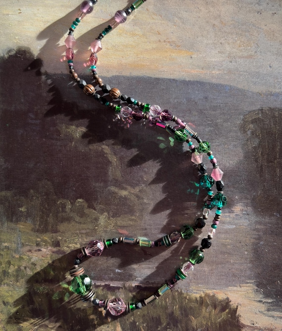 24 Inch Beaded Crystal Necklace: Tourmaline & Amethyst Czech Glass, Crystal