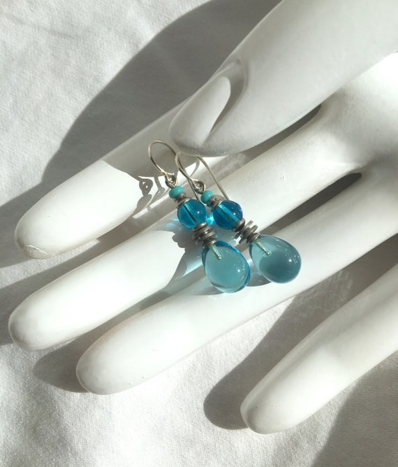 Aqua and Turquoise Earrings, Glass Drop Earrings in Pastel Blue Aquamarine with Turquoise Glass Accents, German & Czech Glass, "Chimes 27"