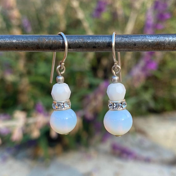 White Glass and Crystal Dangle Earrings, Rhinestone Accents, Czech Glass, "Mini Flash 6"