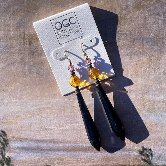 Jet Prism Earrings: Antique Czech Glass, Bronze Accents