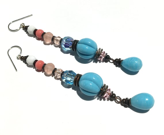 Turquoise Shoulder Dusters, Aqua and Pink Czech Glass and Austrian Crystal, Long Dangle Earrings, Pastel Glass, Antiqued Bronze, "Splash 5"
