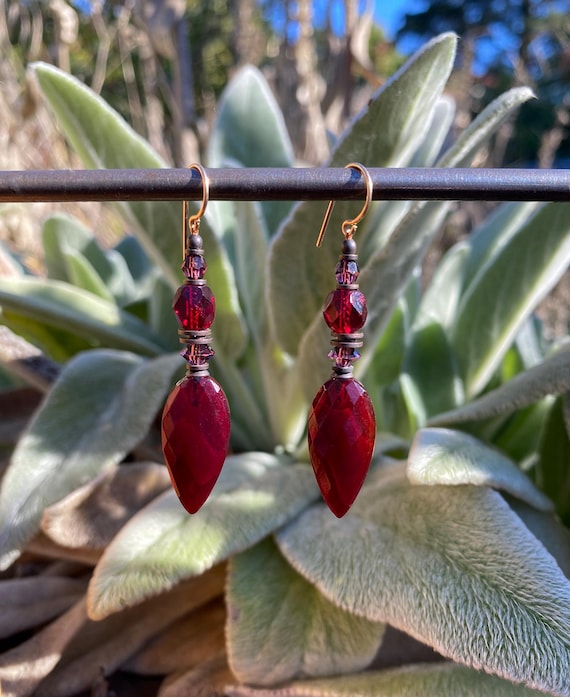 Burgundy Earrings, German Deep Red Glass Drops with Garnet Czech Glass Focal Beads, Amethyst Austrian Crystal, Bronze, Art Deco, "Dahlia II"