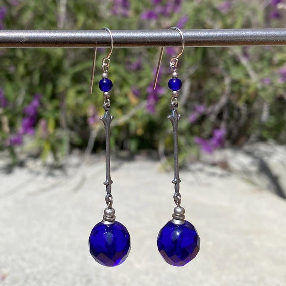 Cobalt Blue Earrings, Blue Czech Glass Dangle Beaded Earrings with Antiqued Silver Filigree, Handmade Earrings, Art Deco, Style 293