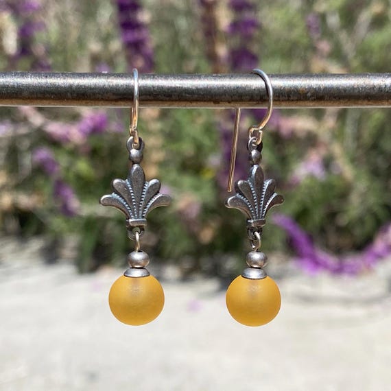 Frosted Yellow Glass Earrings: Silver Dipped Filigree, Handmade Earrings, "Deco Drops 2"