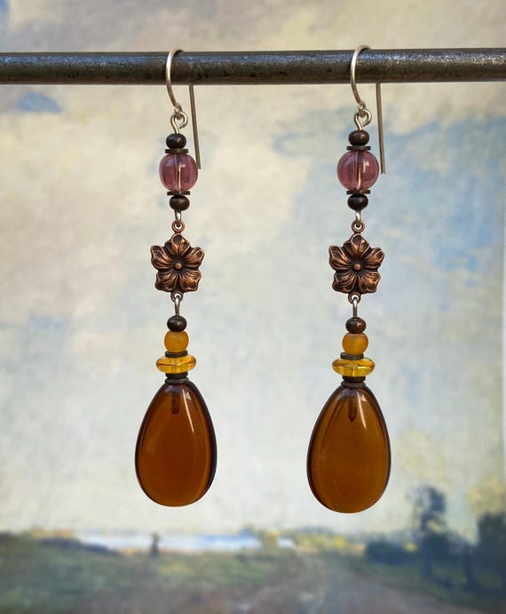 Dark Topaz Dangle Earrings: Czech Glass Accents in Amethyst and Topaz, Copper Filigree Trim, Style 333