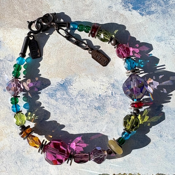 Art Deco Crystal Beaded Bracelet, Austrian Czech Glass, Antiqued Bronze, Sapphire Fuchsia Peridot Turquoise