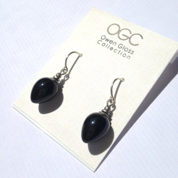 Shiny Black Earrings, German Glass Drops Earrings, Jet Glass, Art Deco, Small Black Glass Drop Earrings, "Mini Berries 14"