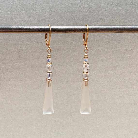 Frosted White Geometric Earrings; Czech & German Glass, Crystal, Gold, Handmade
