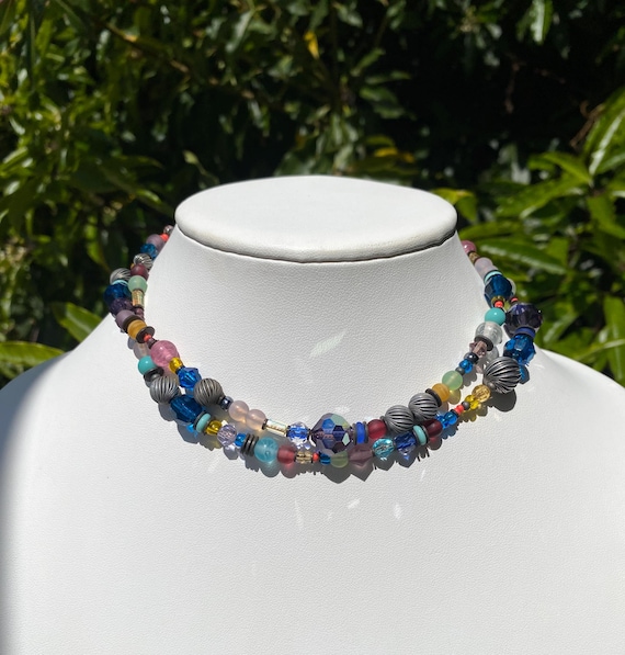 30 Inch Crystal Necklace, Pastel Czech Glass and Austrian Crystal Necklace with Antiqued Silver Accents, Turquoise, Art Deco,"Paris Express"