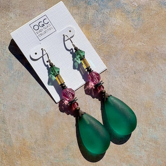 Frosted Teal Glass Earrings: Austrian Crystal Beads, Bronze Trim, Sterling Silver