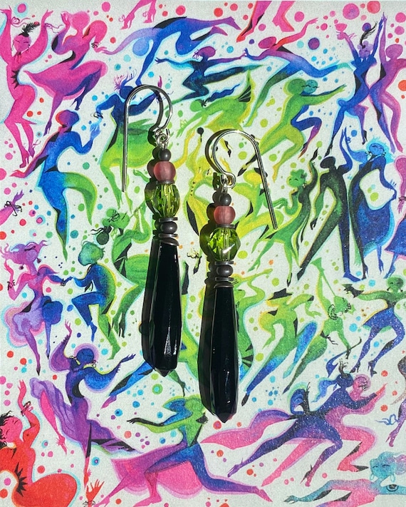 Antique Czech Jet Glass Earrings: Pink & Green Art Deco Style