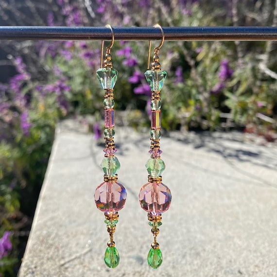 Pink and Green Shoulder Duster Earrings, Austrian Crystal, Czech Glass, Gold Trim, Peridot and Light Rose Glass, Art Deco, "Garden Party"