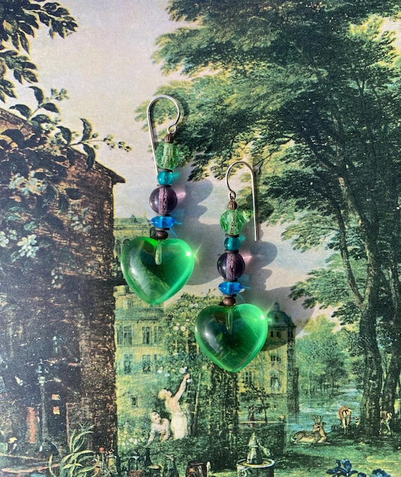 Peridot Heart Earrings, Amethyst and Turquoise Czech Glass, Peridot German Glass and Austrian Crystal, Pastel Green, Rare Glass, Style 418