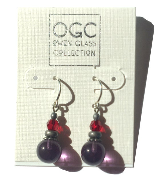 Amethyst and Siam Red Earrings, German Glass Amethyst Drops with Siam Red Austrian Crystal Accents, Dainty Earrings, Art Deco, "Bubbles 11"