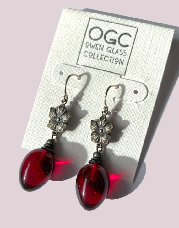 Garnet Glass Drop Earrings, German Glass, Dark Rose, Antiqued Silver Overlay Flower Accents, Art Deco, Raspberry Red, "Berries 16f"