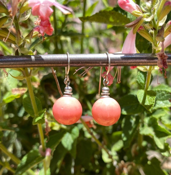 Coral Glass Drop Earrings, Antique Opaque Czech Glass, Pink Coral, Art Deco Era Glass, Silver Accents, Rare Glass, "Holiday 4"