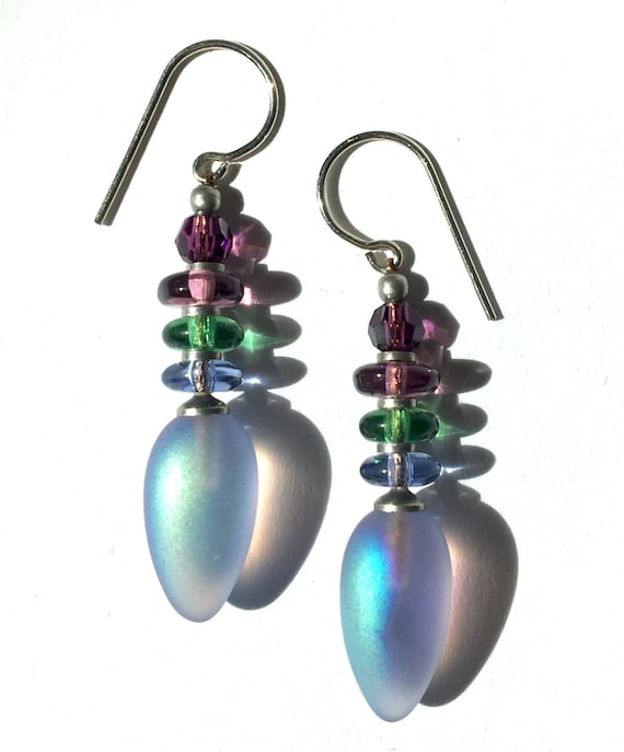 Light Amethyst Earrings, Frosted Lilac with Aurora Borealis Sheen Glass Drops, Amethyst Austrian Crystal Top Bead, Emerald Glass, "Tango 63"