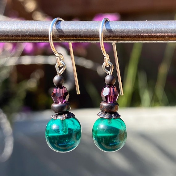 Teal Glass Earrings, German Glass Green Drops with Amethyst Austrian Crystal Accents, Dainty Earrings, Art Deco, "Bubbles 23"