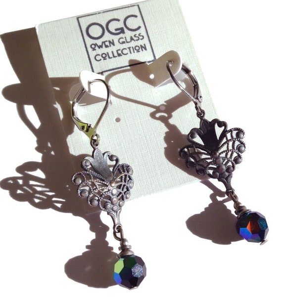 Austrian Crystal Jet Earrings, Jet with Aurora Borealis Sheen, Antiqued Silver Filigree Accents, Art Deco Earrings, "Arcadia 13"