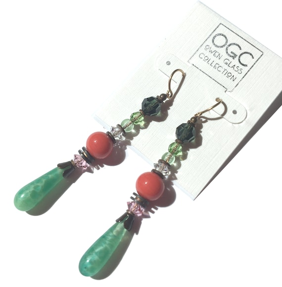 Antique Jade Glass Drop Earrings, Antique Coral Glass, Peridot and Pink Austrian Crystal, Antiqued Bronze Accents, Art Deco, "Coral Rosa"