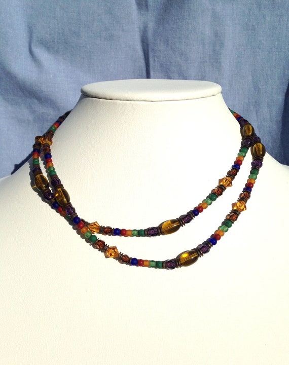 33 Inch Necklace, Austrian Crystal and Czech Glass in Green, Amethyst, Cobalt, Tourmaline, Red and Topaz, Beaded Art Deco Necklace, "Calico"