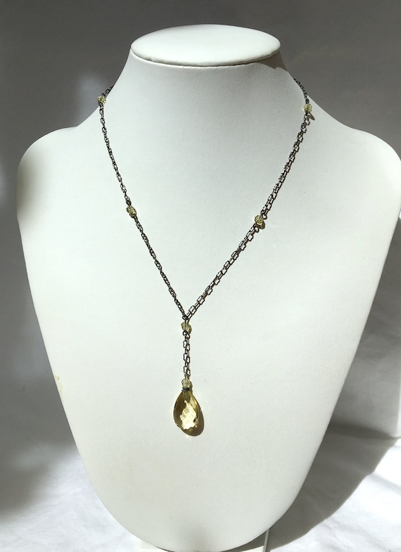 Light Yellow Pendant Necklace, Pastel Yellow Glass Pendant, Austrian Crystal Accents with Antiqued Silver Chain, 16 Inches, "High Street 13"